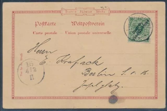 DSW 5 Pfennig Krone EF AK Gruss aus Lüderitzbucht 1899 Berlin Attest (S20919) 2