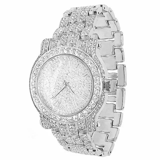 Men's Dress Luxury Style White Gold Tone Techno Pave Metal Fashion Wrist Watch