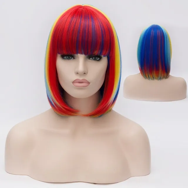 Women Wig Short Multicolor Rainbow Straight Ladies Party Hair Full Wig+Wig Cap