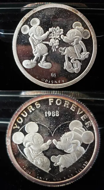 1st ED 1988 DISNEY'S "Yours Forever" Mickey & Minnie 1oz .999 Silver Coin si238