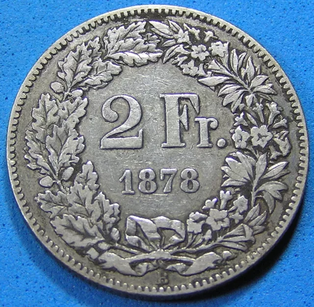Switzerland 2 Francs .835 Silver Coin 1878-B, KM-21