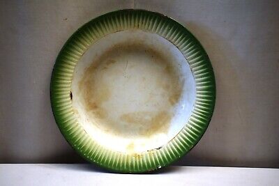 Antique French Enamelware Shabby Chic Enamel Dishes Plate Swirl Green Rim Rare"4