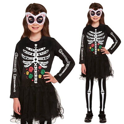 Bambina Bambini Giorno Dei Morti Scheletro Halloween Costume Età 4- 6