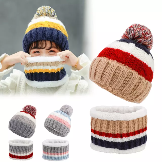Kids Baby Boys Girls Hat Scarf Set Winter Warm Pompom Ball Beanie Cap Knitted
