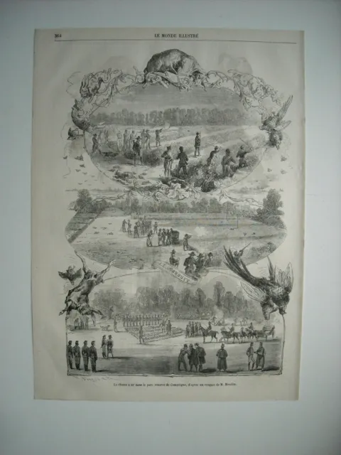 Gravure 1859. Compiegne. La Chasse A Tir Dans Le Parc Reserve De Compiegne.