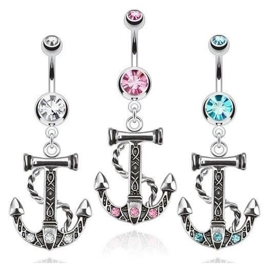 Vintage Look Gem Anchor Belly Navel Ring Dangle Cz Button Piercing Jewelry B731