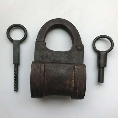 18th C antique iron padlock or lock trick or puzzle with 2 key