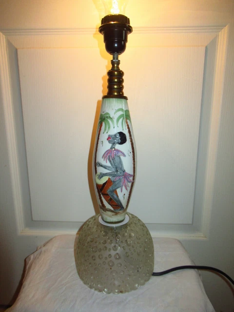 Ancien Pied De Lampe En Faience Avec Decor Africain Musicien-N°11