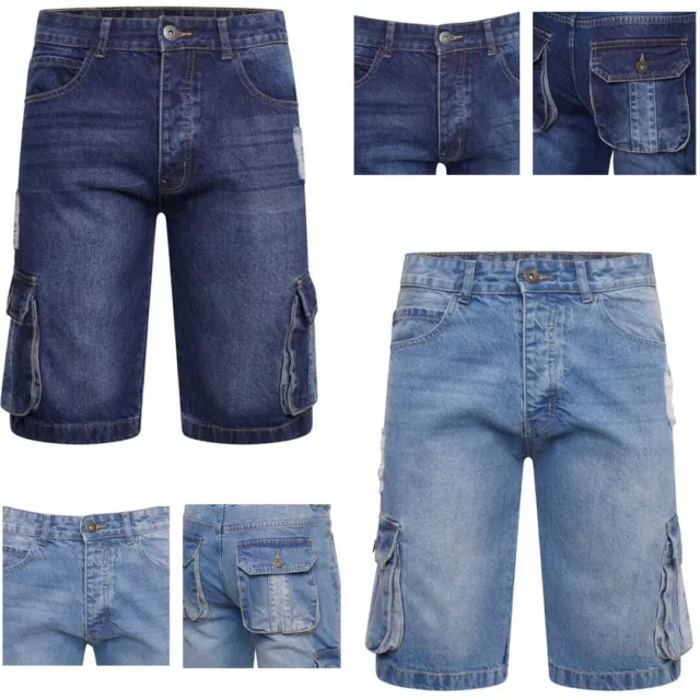 Mens Denim Shorts Cargo Combat Casual Jeans Knee Length Summer Pants Pockets New