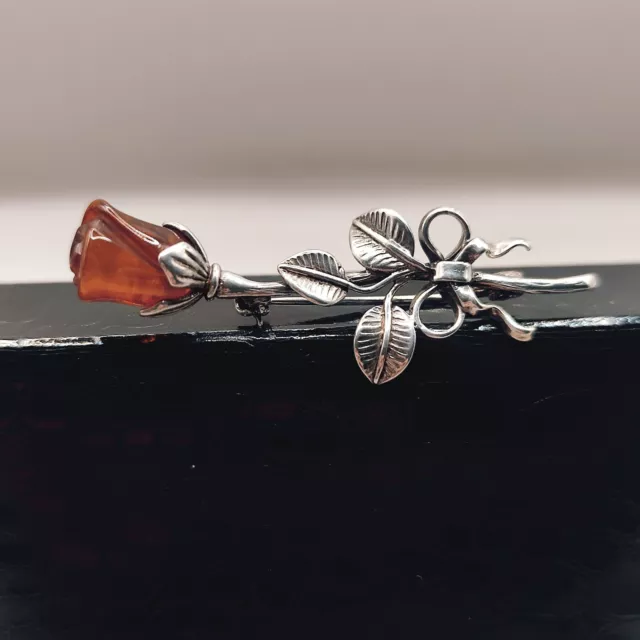 Vintage 925 Sterling Silver Cognac Amber Carved Rose Bow Brooch Wedding Luck