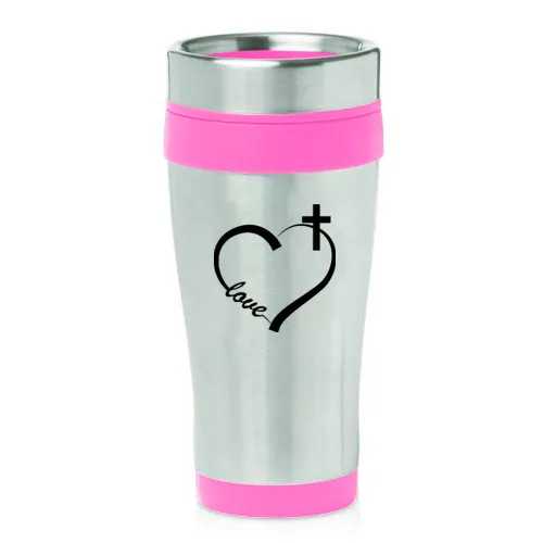 Stainless Steel Insulated 16oz Travel Mug Coffee Cup Love Heart Cross Christian