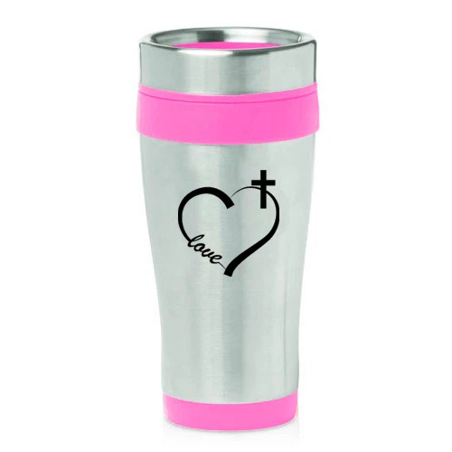 Stainless Steel Insulated 16oz Travel Mug Coffee Cup Love Heart Cross Christian