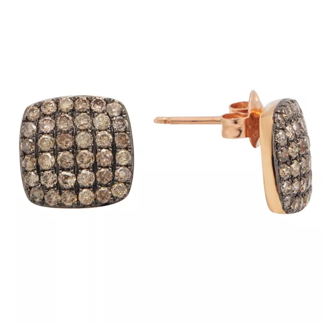14K Rose Gold Pave Brown Champagne Cognac Diamond Puffed Stud Studs Earrings