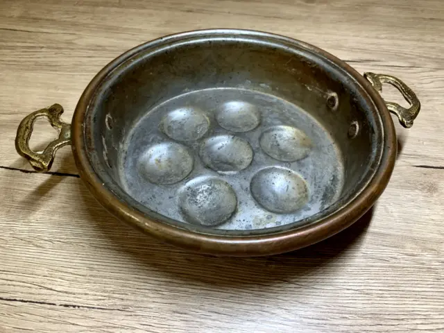 Vtg Antique Patina French Escargot Snail Copper 7 Mold Pan w Brass Handles
