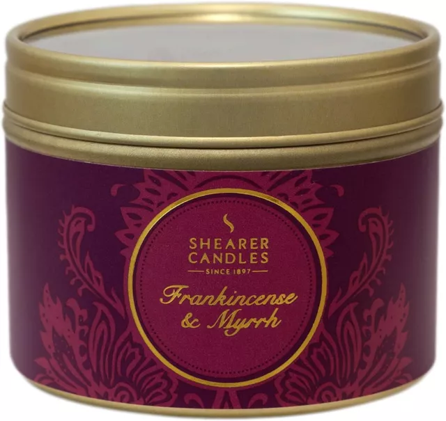 Shearer Candles Frankincense and Myrrh Scented Gold Tin Candle - Burgundy