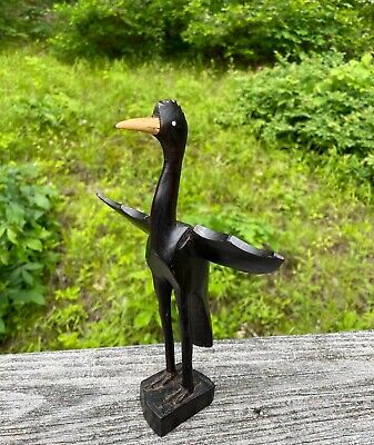 Vtg Tribal African Art Bird Crane Stalk Black Ebony Wood Carved Statue Figurine