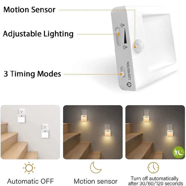 PLUG IN PIR Motion Sensor Hallway Socket LED White/Yellow Night Light ...