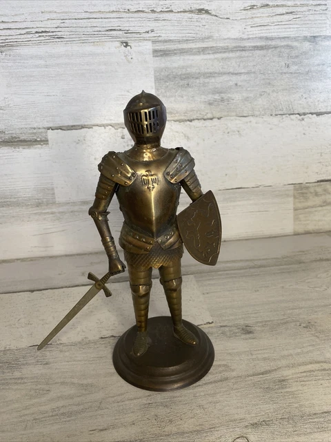 Medieval Knight Armor Statue 8.5” Tall Metal Bronze Sword Shield Unique