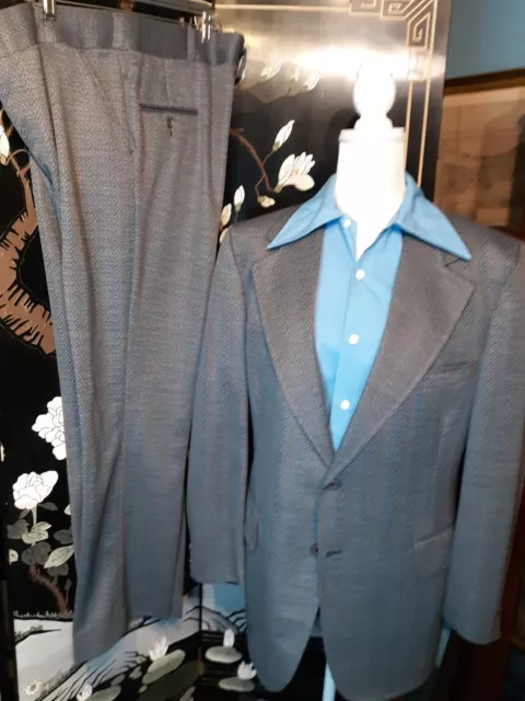 VTG 60s 70s Polyester tweed  Suit Disco Striped Gray Men's 41 Reg 38 W L29.75