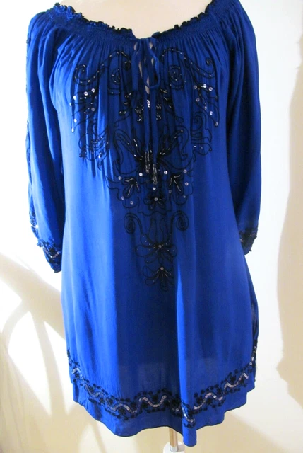 Krista Lee Medium Blue Tunic Peasant Top Black Embroidery Sequins & Beads New