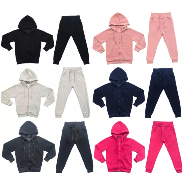Boys Plain Tracksuit Fleece Girls Kids Joggers Hoodie Jogging Bottoms School PE