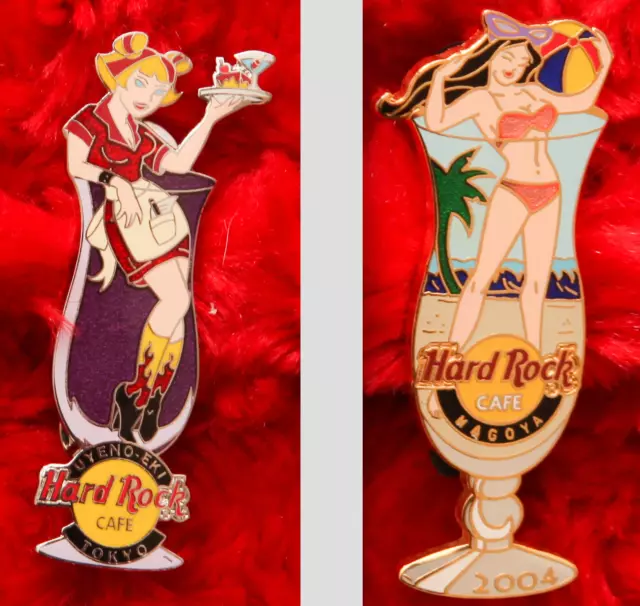 2 Hard Rock Cafe Pins Nagoya Uyeno Eki Tokyo Hurricane glass bikini girl