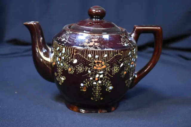 Vintage Large "Brown Betty" Redware Teapot, hand painted enamel, made in Japan