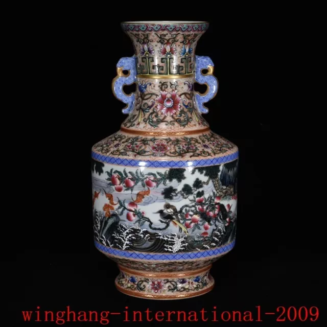 Qing pastel porcelain exquisite Inscription flowers bird peach grain bottle vase