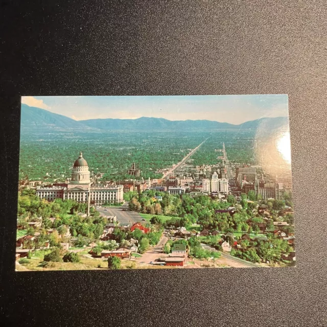 Postcard Utah Salt Lake City Aerial View Looking South Wasatch Mountains Vintage