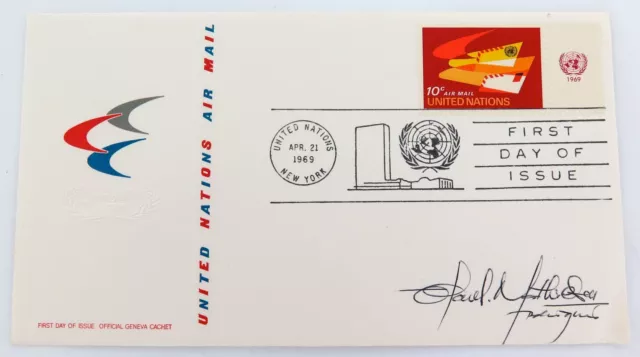 .1969 UNITED NATIONS AIR MAIL FDC signed by DESIGNER of STAMP.