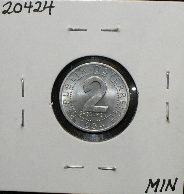 Austria 1954 2 Groschen Aluminum Uncirculated Coin 2