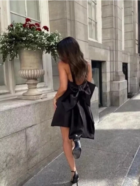ZARA NWT WOMAN Ss24 Bow Trim Voluminous Satin Effect Mini Dress Black |  3510/748 $55.00 - PicClick