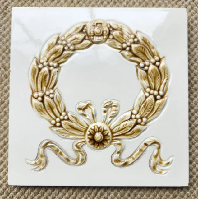 Wessels White Laurel Wreath Decorated Art Nouveau Majolica Ceramic Antique Tile