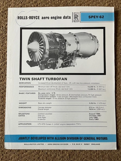 ROLLS-ROYCE SPEY TURBOFAN jet engine promo brochure, Allison, LTV ...