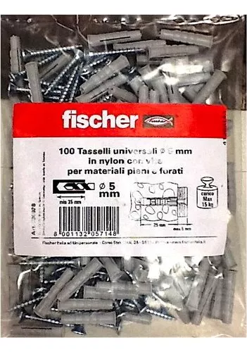 Fischer Confezione 100 tasselli nylon 5 mm con vite zinco cromata croce 536928