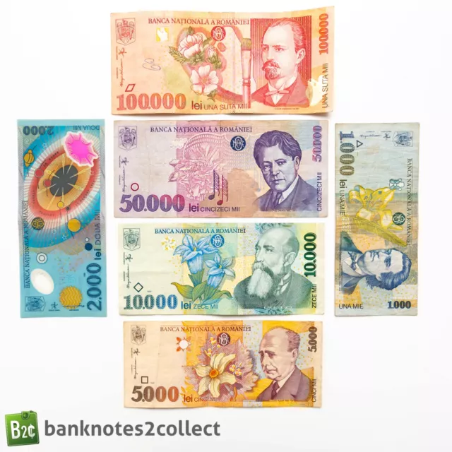 ROMANIA: Set of 6 Romanian Lei Banknotes.