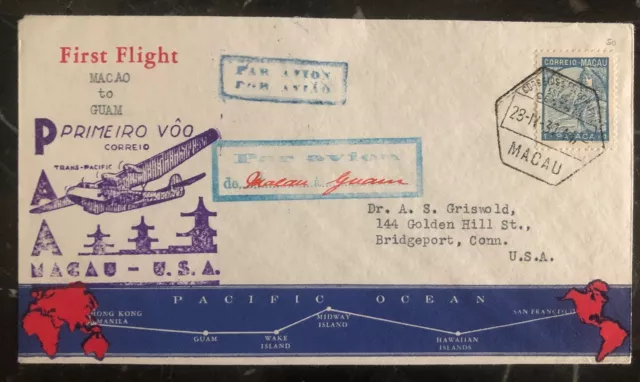 1937 Portuguese Macao First Flight Cover FFC To Bridgeport USA Via Guam Island