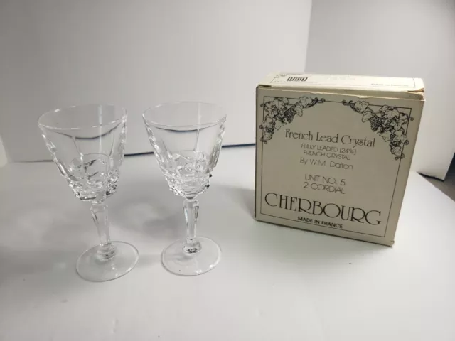 NOS SET OF 2 CHERBOURG 4.5" TALL FRENCH LEAD CRYSTAL UNIT No. 5 CORDIAL GLASSES
