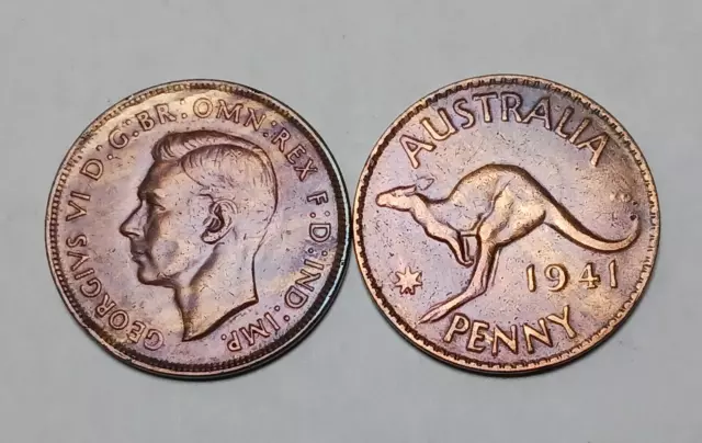 1x 1941 Australia One Penny - One Bronze Coin - George VI