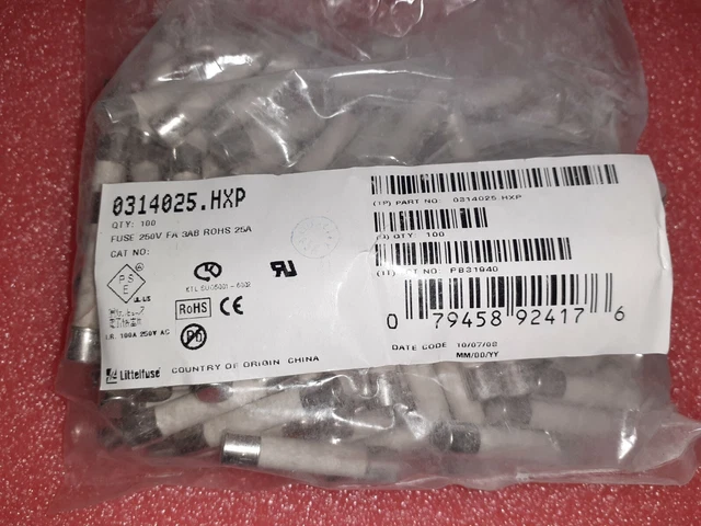 100 Pièces 0314025.HXP Fusible Miniature Action Rapide 25A 250V Porte Cartouche
