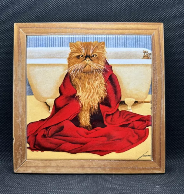 1992 Lowell Herrero “Miss Vicki Simms” Orange Cat Tile Art Hot Plate 7x7" Vandor