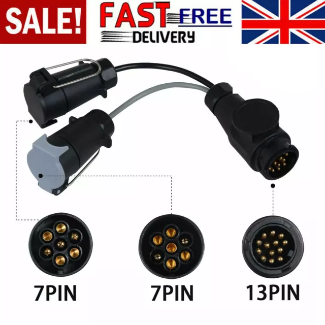 13 Pin to 7 Pin Adaptor Trailer Extension Lead Caravan Towing Socket Plug UK