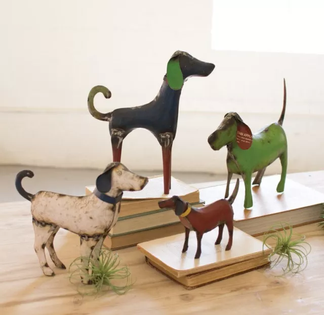 Dog Puppy Figurines Sculptures Art Colorful Recycled Metal Set of 4