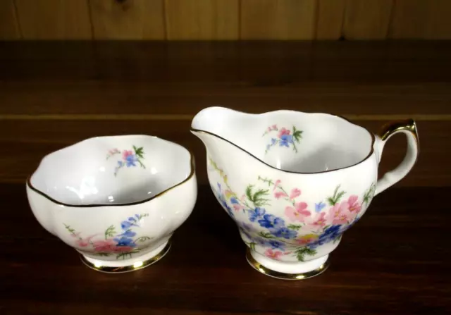 Vintage Queen Anne Bone China Sugar Bowl & Milk Jug Set With Blue & Pink Flowers 2
