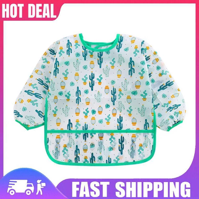 Baby Feeding Bibs Kids Waterproof Long Sleeve Coverall (0-3Years Cactus)