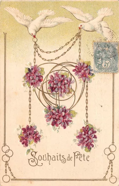 Cartolina Fantasia, Buona Fête, Colombe Supporto Una Catenina, Cartolina Rilievo