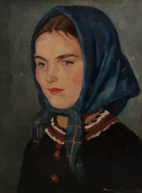 Pintura Firmado Retrato Mujer Pañuelo Cabeza Hans V. Schroter Imagen Al Óleo