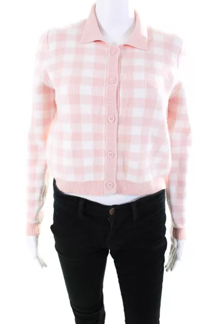 L Space Womens Check Button Up Cardigan Twinset White Pink Size Medium