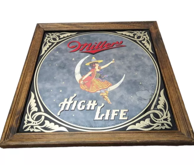 Vintage Miller High Life 1980 “Girl on the Moon" Witch Beer Mirror Bar Sign