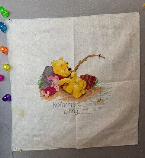 Winnie the Pooh and Piglet Fishing Nothings Biting Cross Stitch Piece Finished